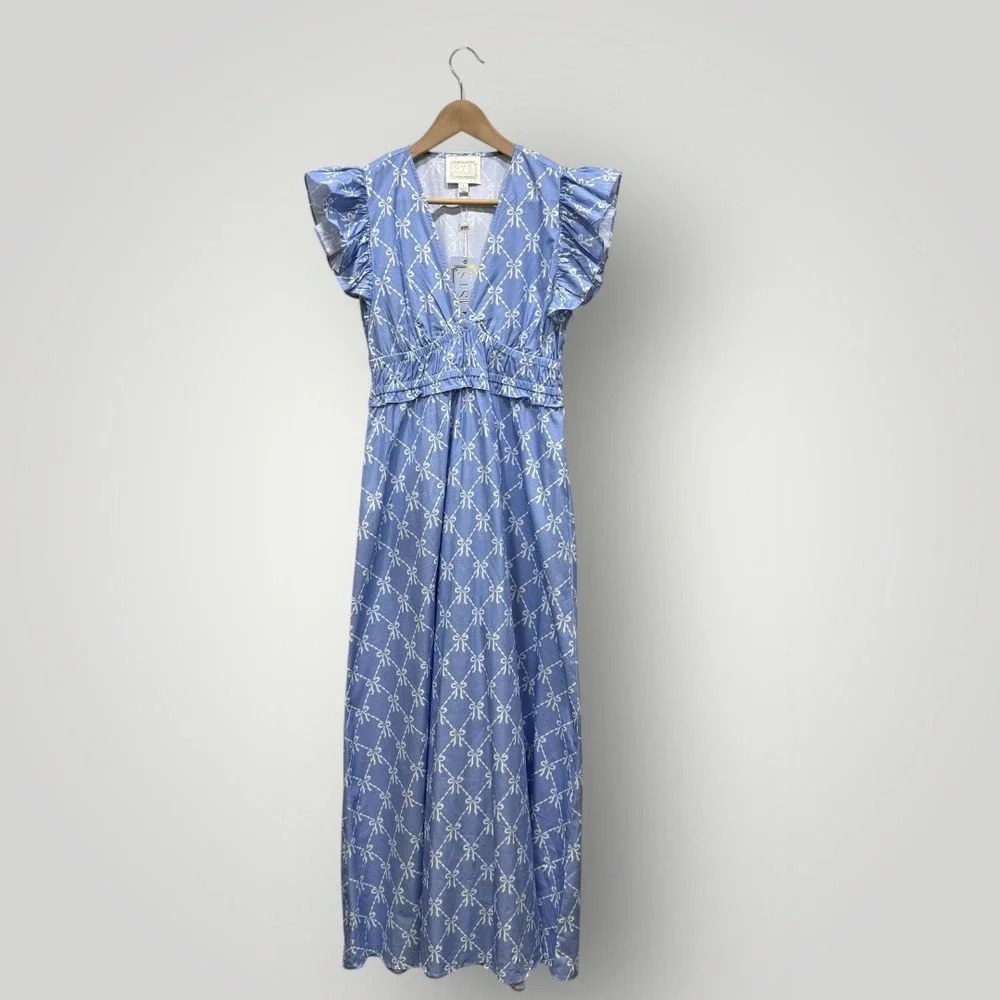 Sail to Sable Hydrangea Bow Print Flutter Sleeve V Neck Maxi Dress Blue SP25T5 S - Picture 2 of 9